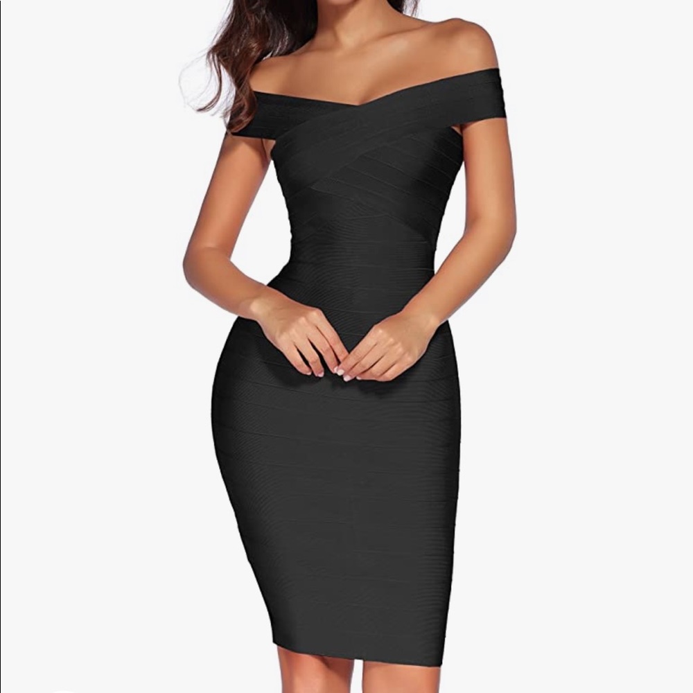 HERVE LEGER DUPE Black Off the Shoulder Bandage / Bodycon Dress